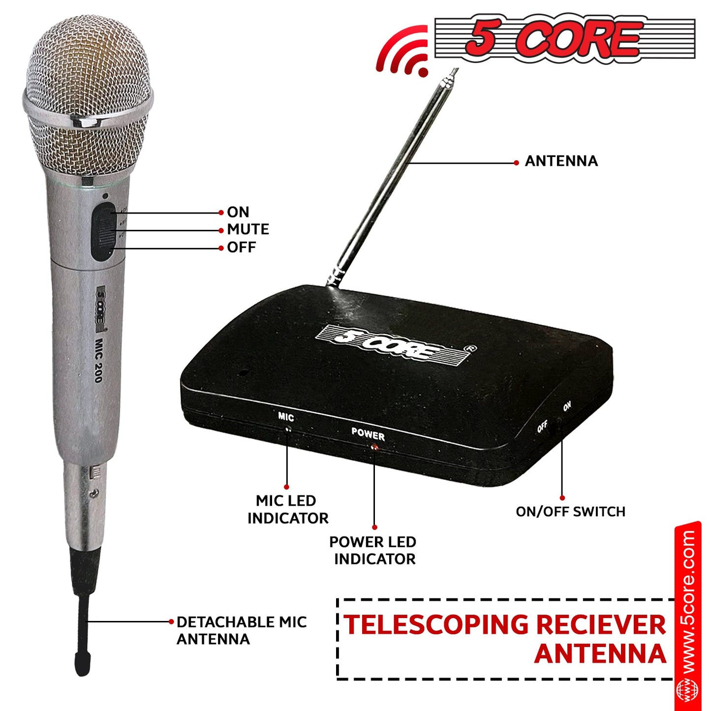 5Core Wireless Microphone Dual Function Wireless - Wired Microphone Microfono Inalambrico-2